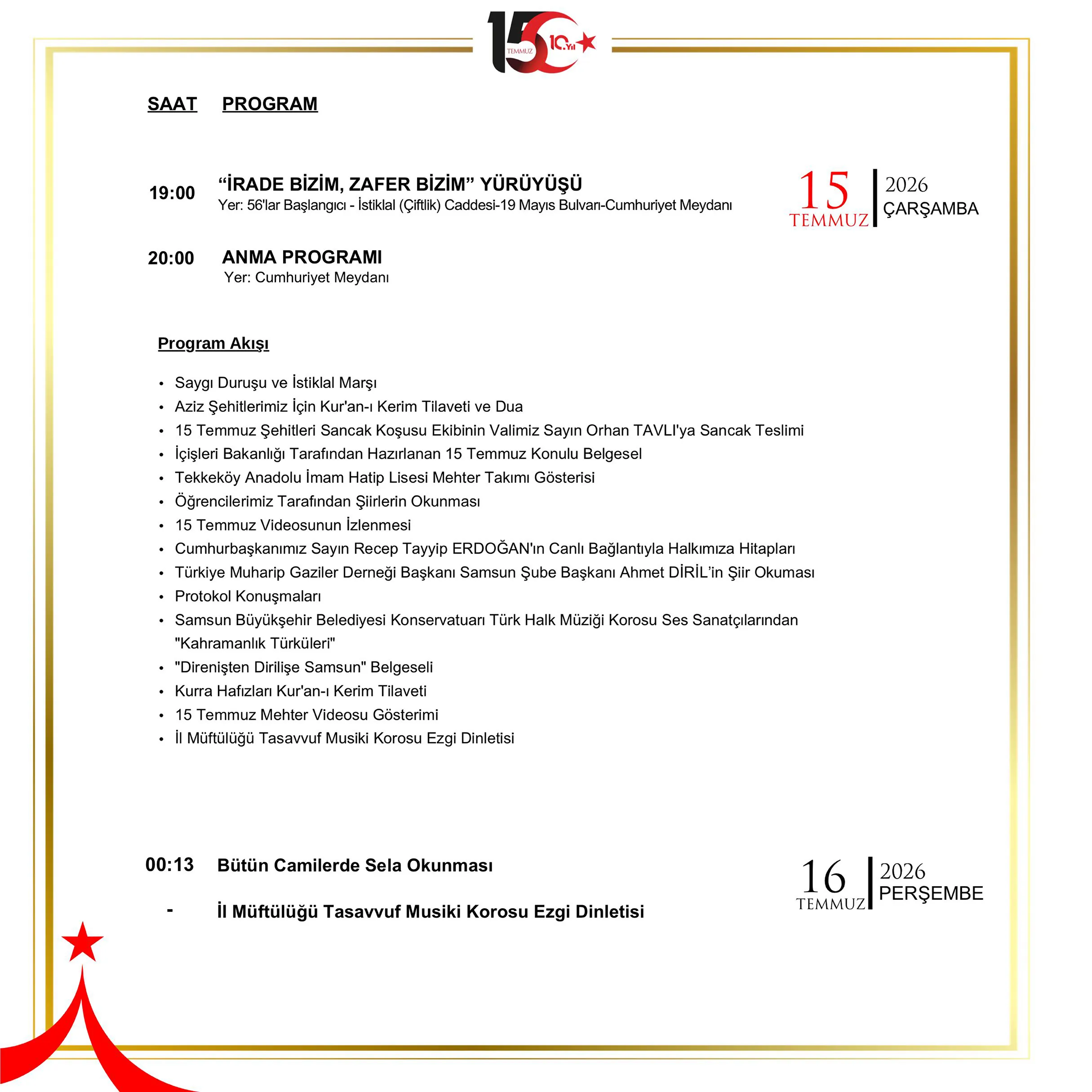 Samsun Cumhuriyet Meydanı 15 Temmuz Çarşamba programı