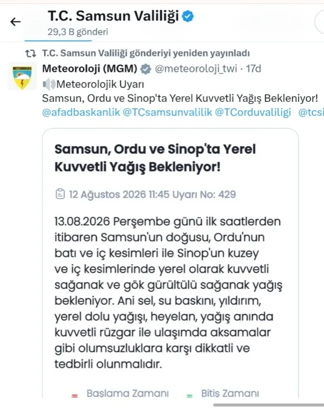 Samsun'a Kuvvetli Yağış Geliyor: Meteoroloji Saat Bile Verdi! 13 ağustos Samsun Hava Durumu