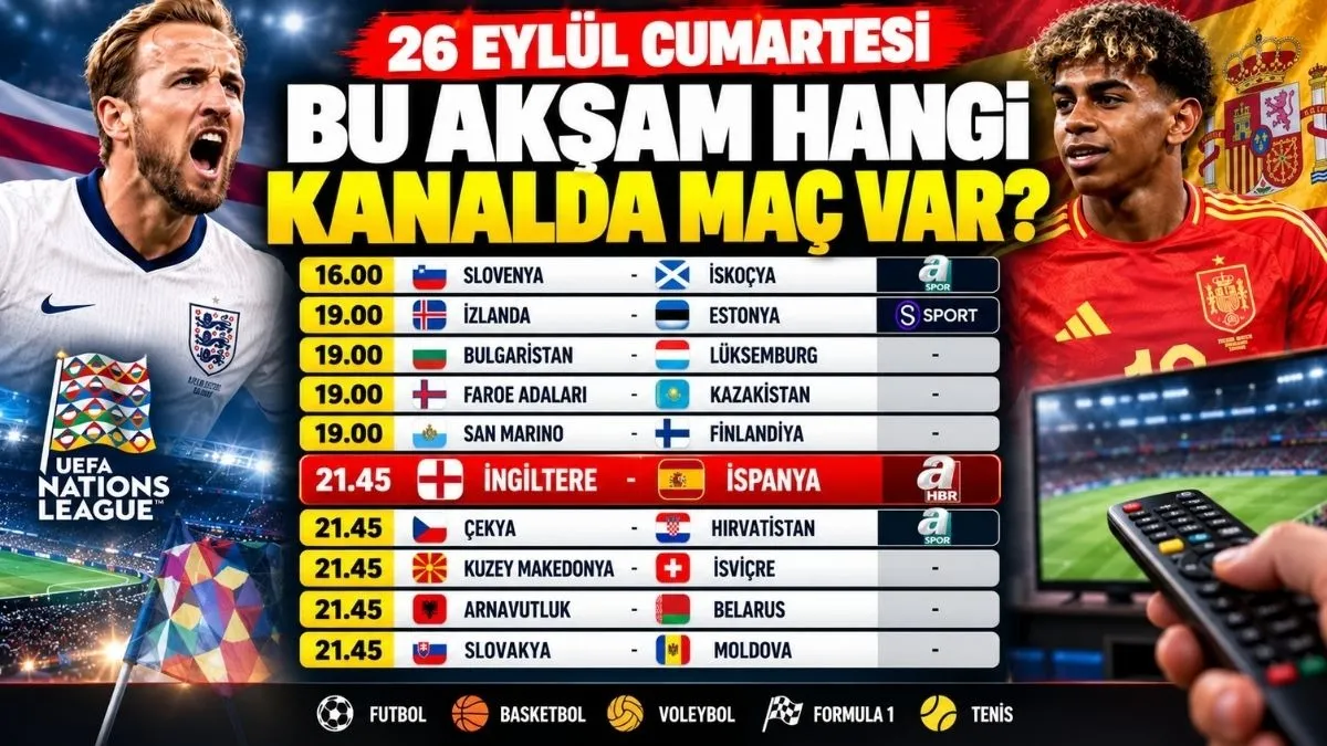 Bugün hangi kanalda maç var? Bu Akşam Hangi Kanalda Maç Var? 26 Eylül Cumartesi Spor TV Yayın Akışı
