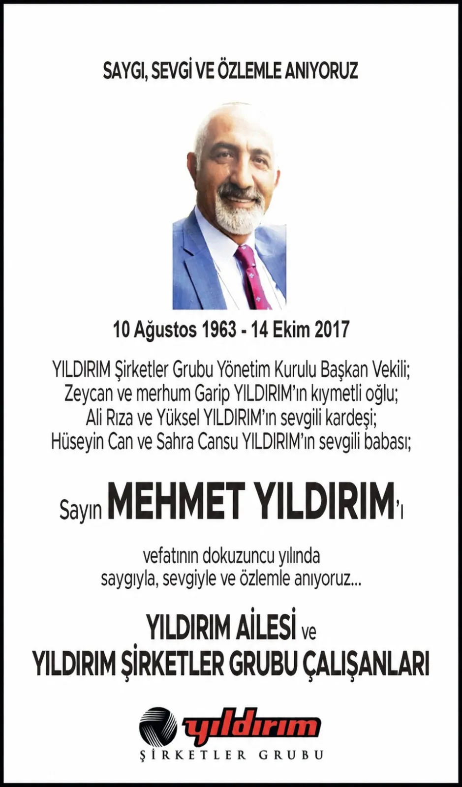 Merhum İş Adamı Mehmet Yıldırım Vefatının 9. Yılında Anılıyor