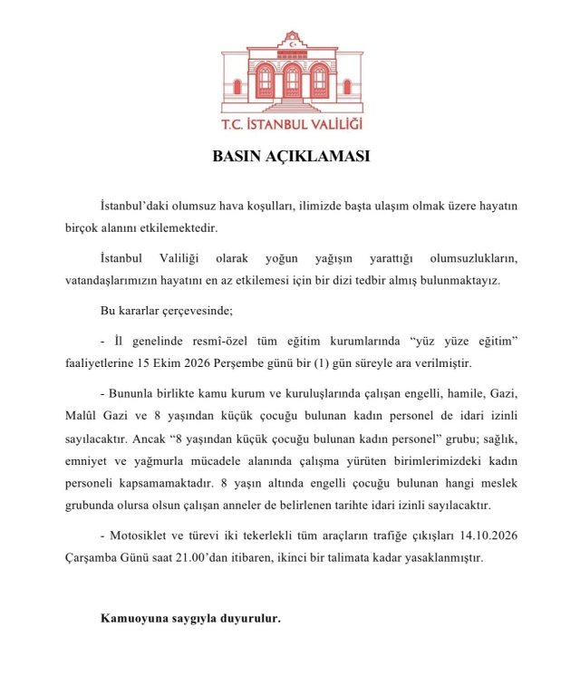 İstanbul’da Yarın Okullar Tatil mi? 15 Ekim Perşembe İstanbul'da Okullar Neden Tatil Edildi?