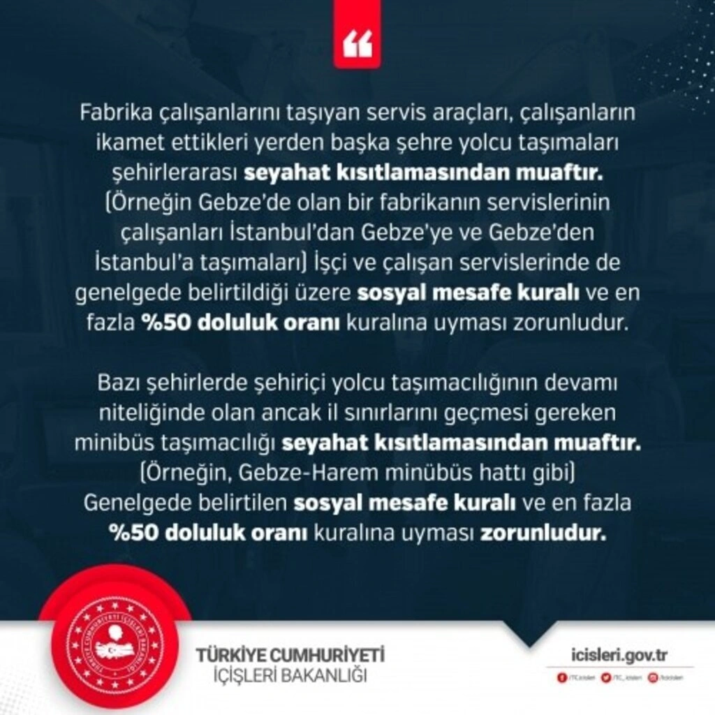 Fabrika çalışanlarını taşıyan servis araçları seyahat kısıtlamasından muaf mı?