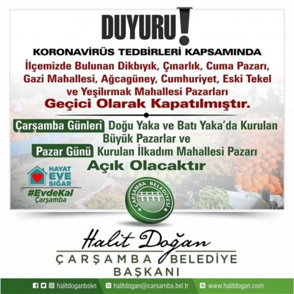 Çarşamba ilçesinde bazı pazar yerleri kapatıldı