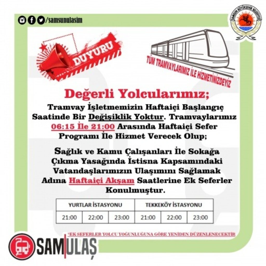 SAMULAŞ Tramvay sefer saatleri, Samsun Tramvay sefer saatleri