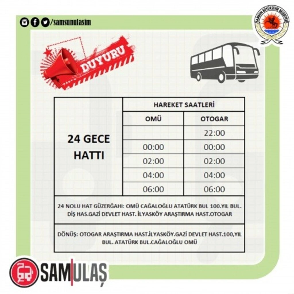 Samsun SAMULAŞ 26 ve 27 Aralık Tramvay ve Otobüs Sefer Saatleri