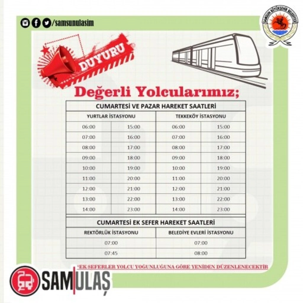 Samsun Tramvay ve Otobüs Sefer Saatleri - 23-24 Ocak 2021