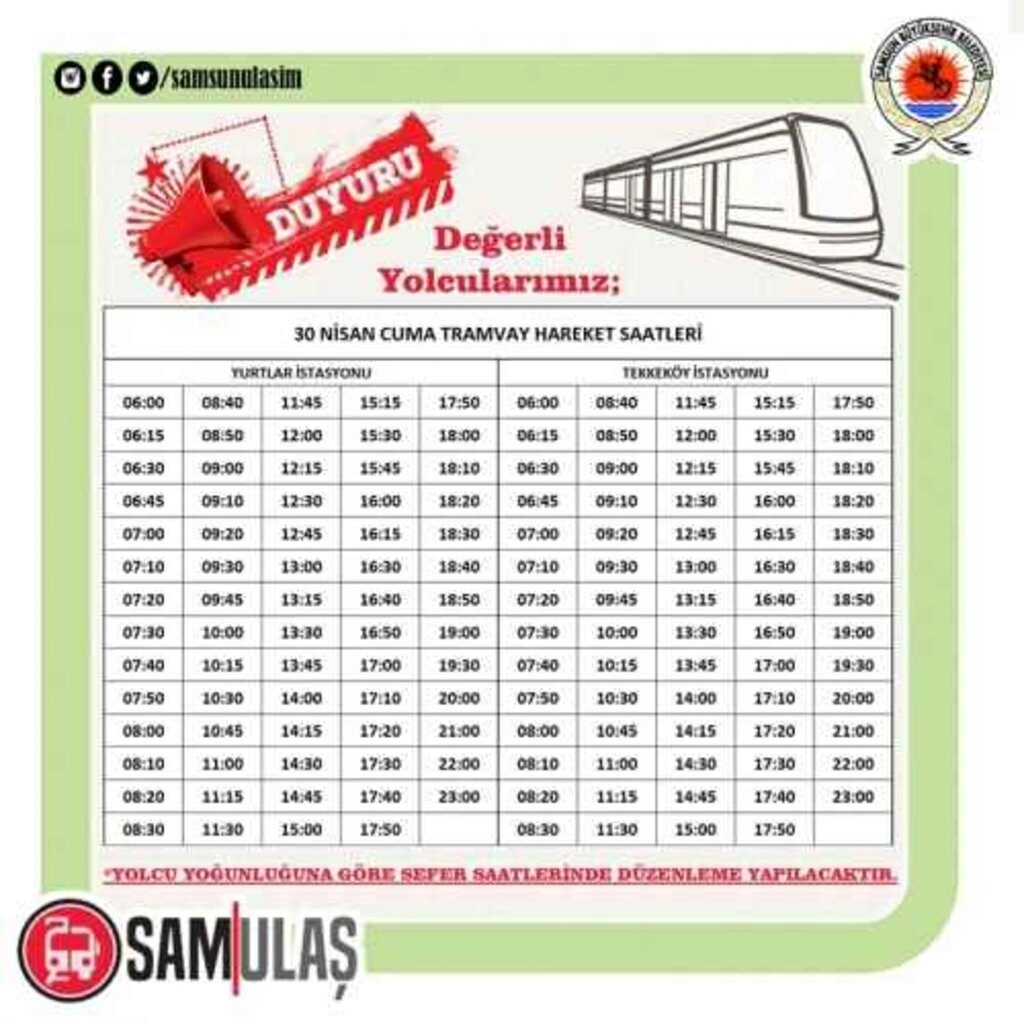 Samsun tramvay ve otobüs sefer saatleri (30 Nisan 2021) tam kapanma dönemi