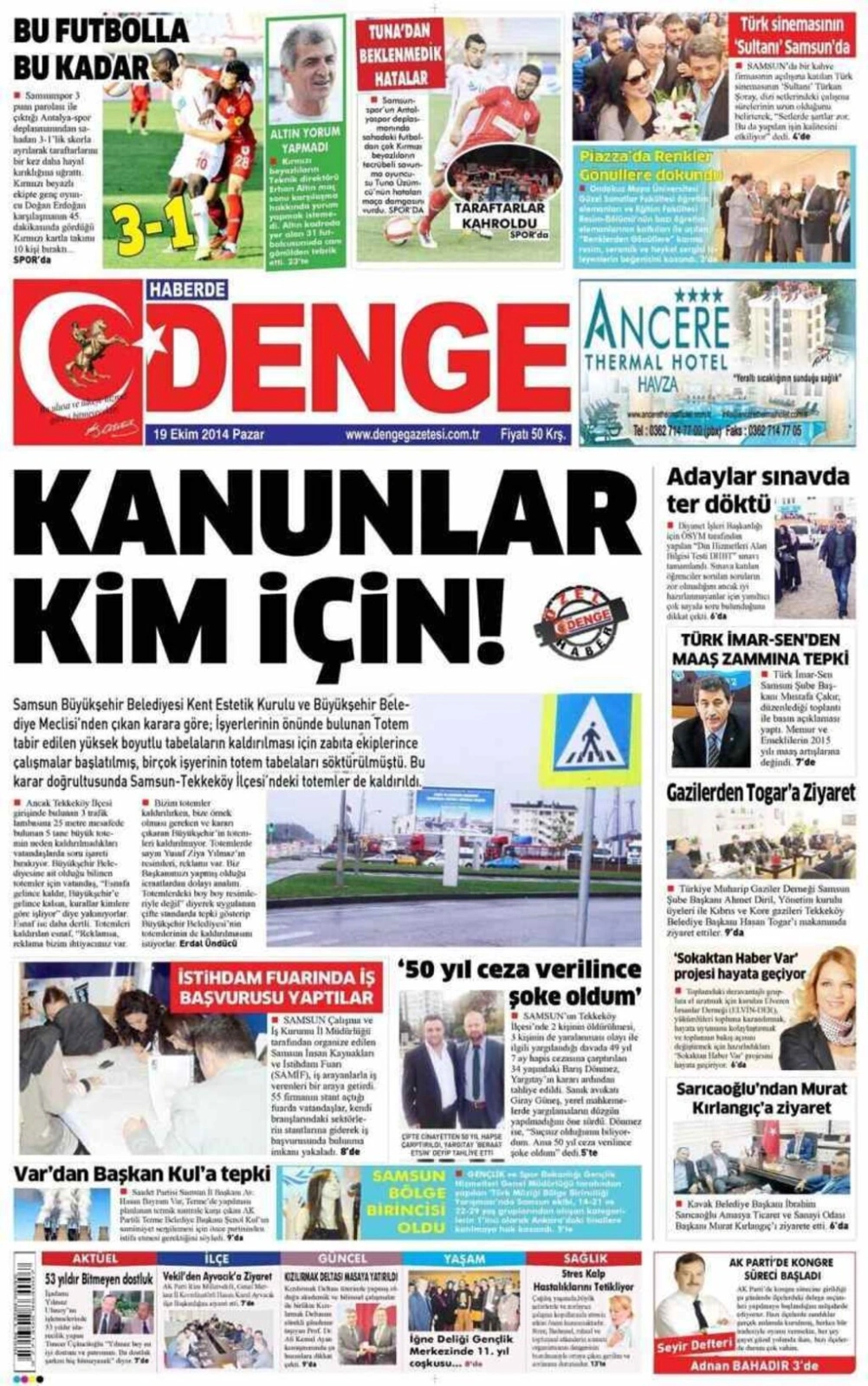 19 Ekim Pazar Samsun Yerel Gazeteleri