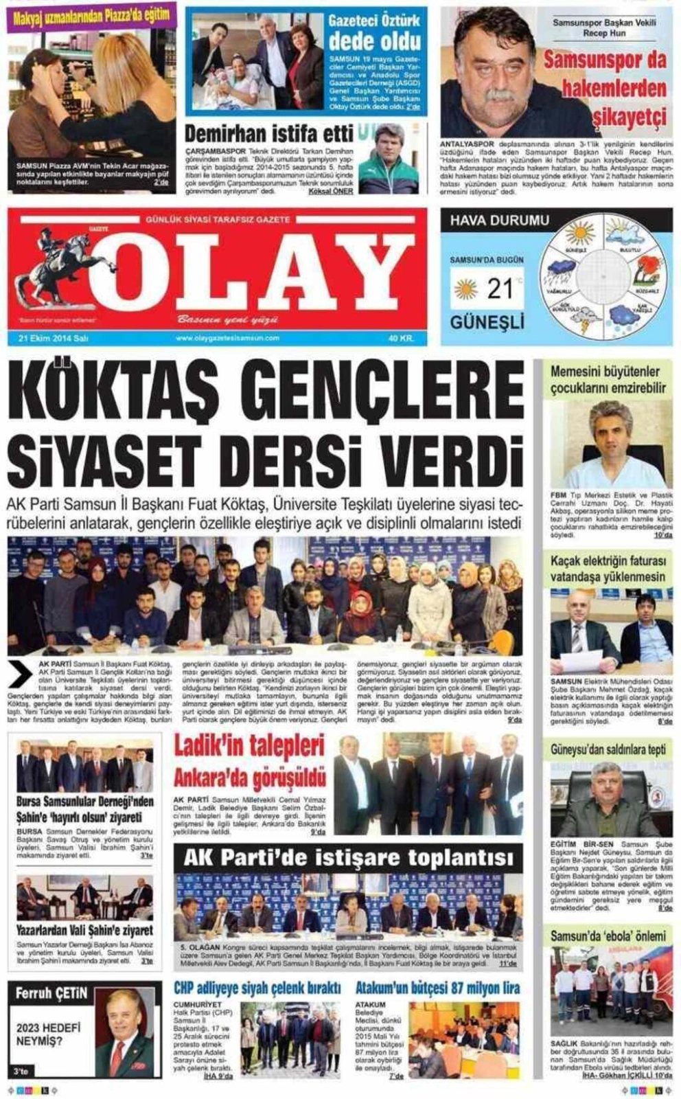 21 Ekim Salı Yerel Gazetelerin birinci sayfaları