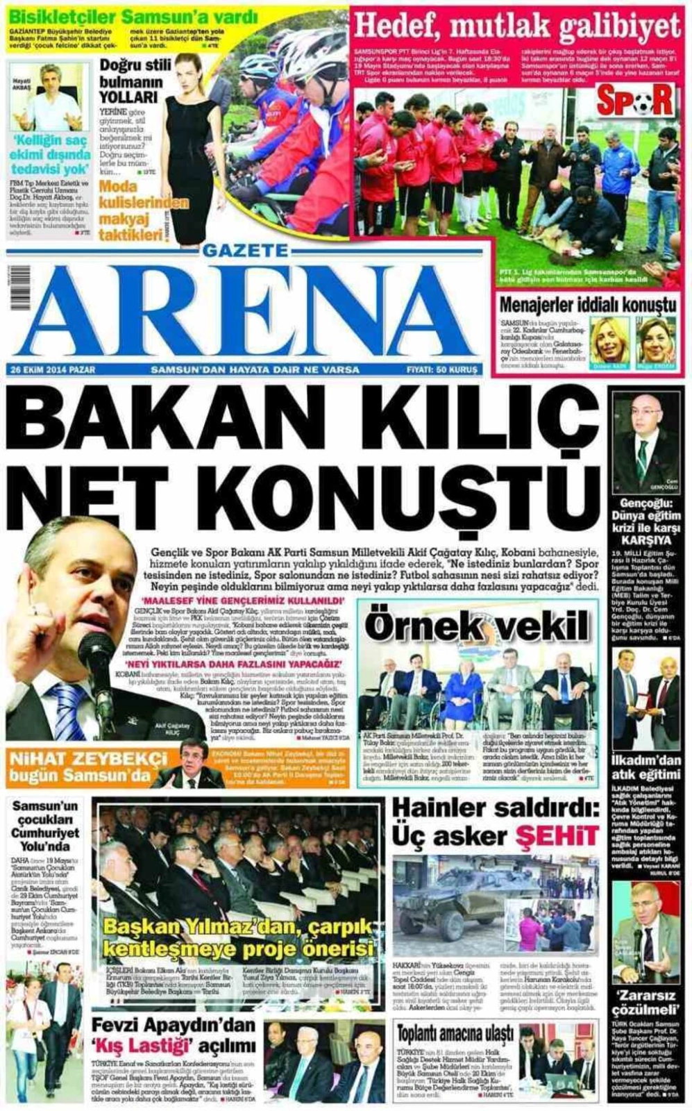 26 Ekim Pazar günü Samsun'un yerel gazeleri