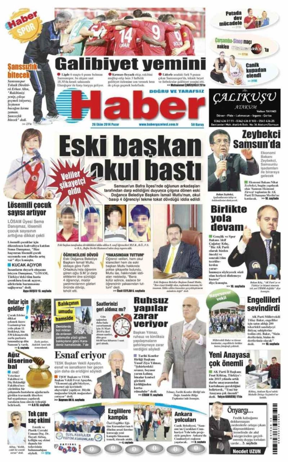 26 Ekim Pazar günü Samsun'un yerel gazeleri