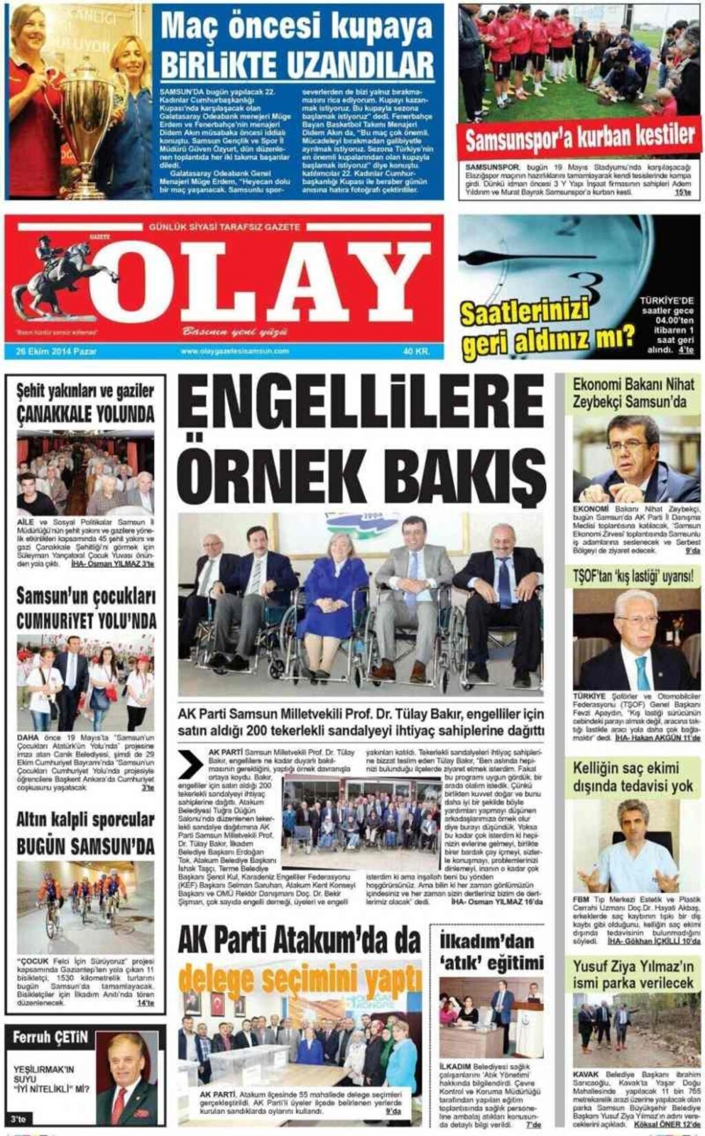 26 Ekim Pazar günü Samsun'un yerel gazeleri