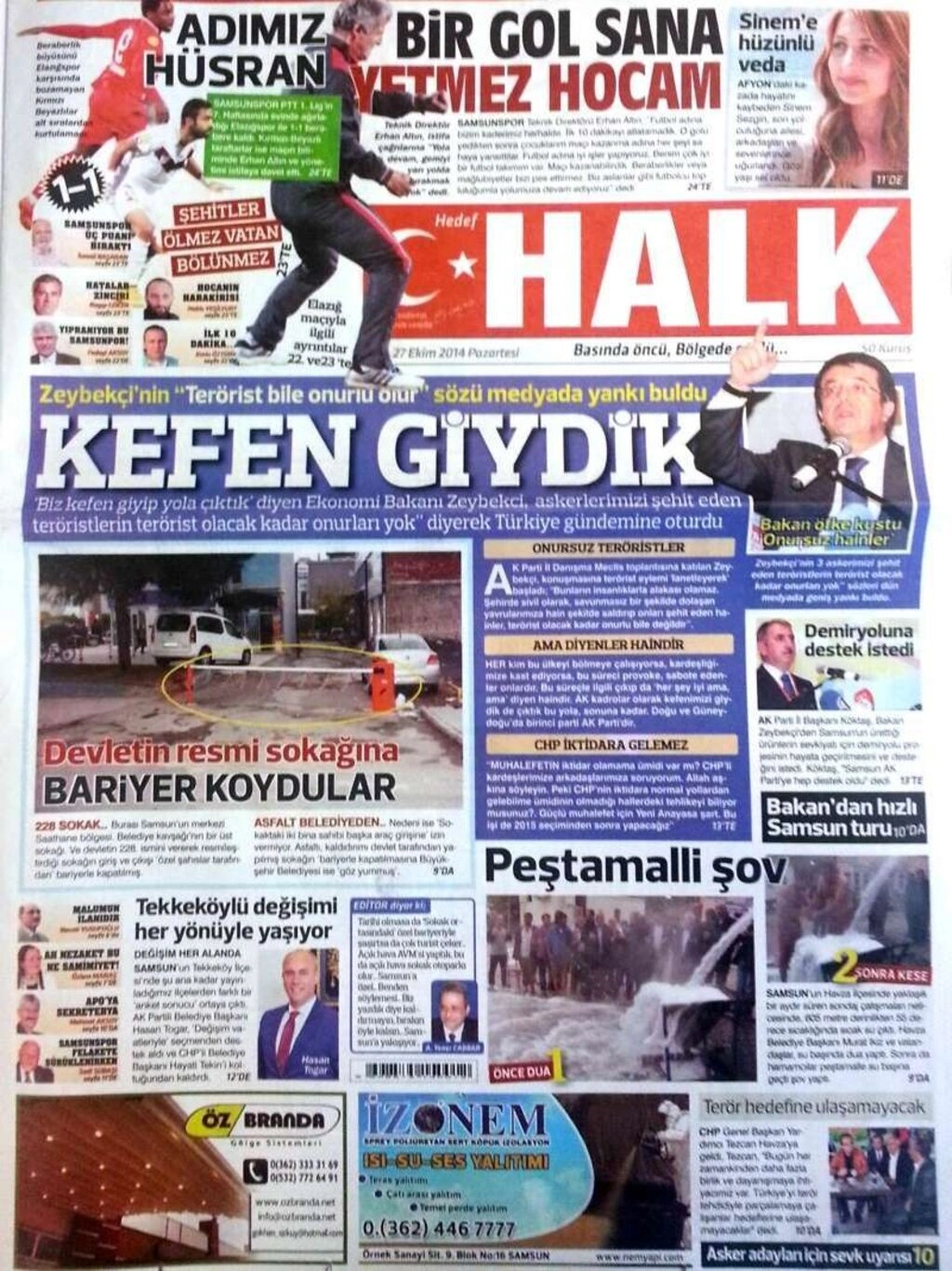 27 Ekim Pazartesi günü Samsun'un yerel gazeteleri