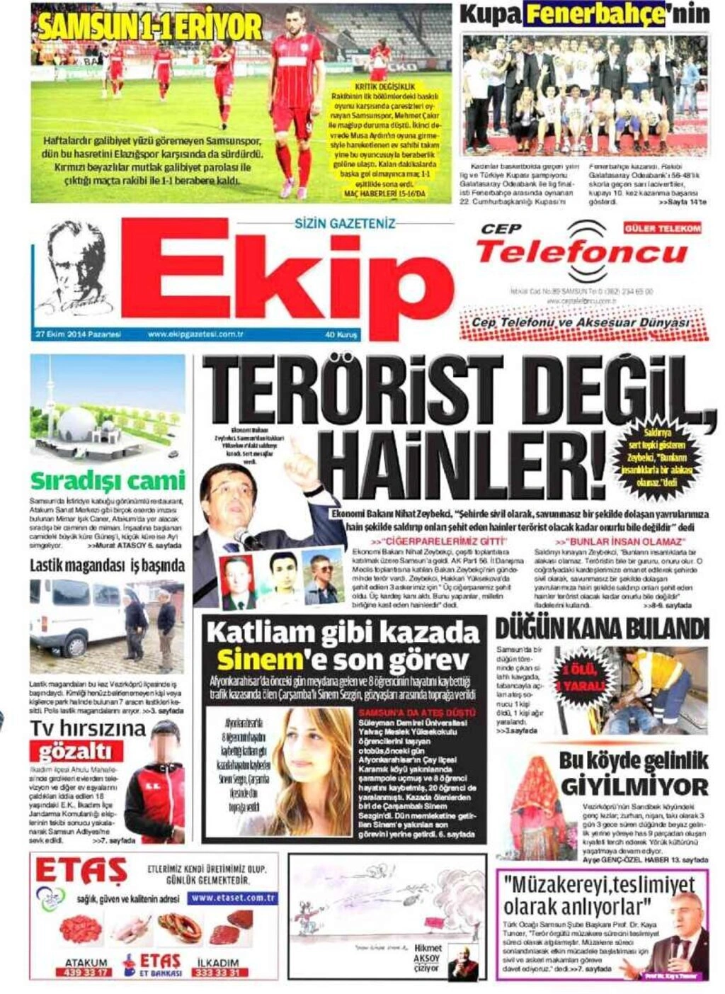 27 Ekim Pazartesi günü Samsun'un yerel gazeteleri