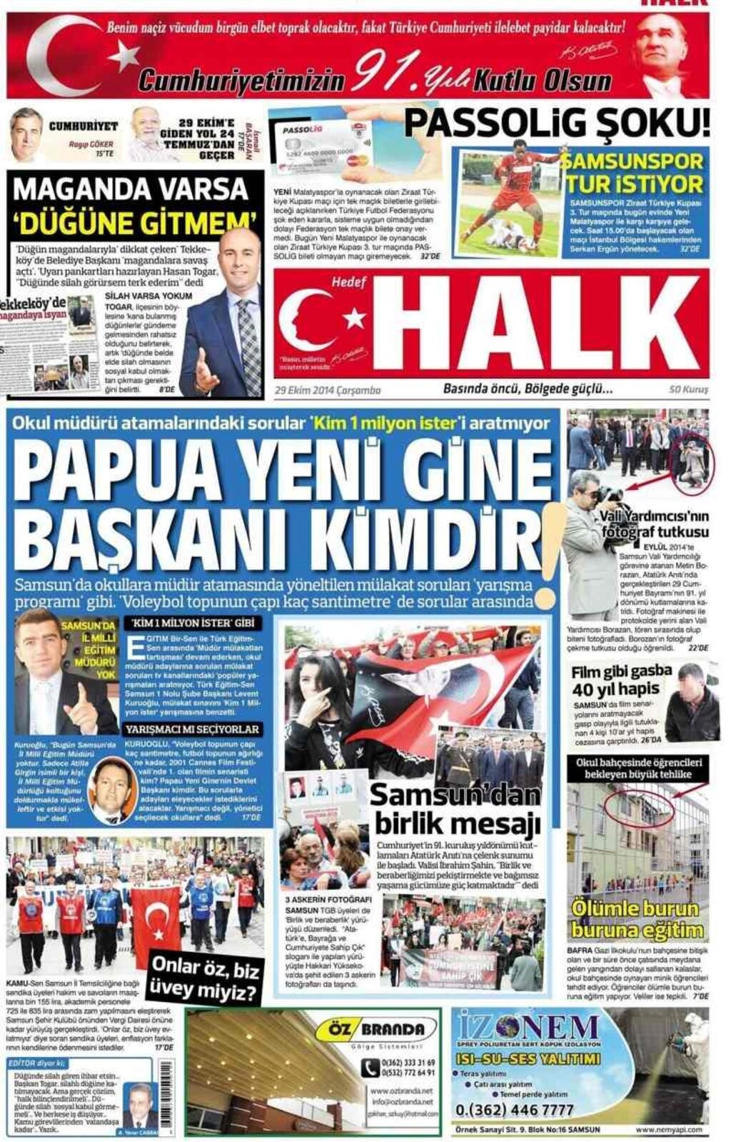 29 Ekim yerel gazetelerin birinci sayfaları