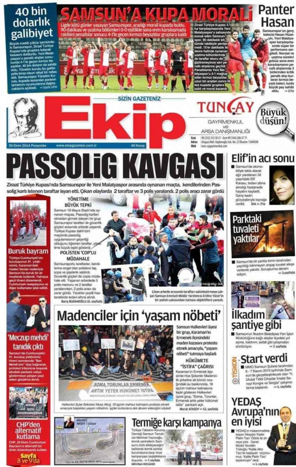 30 Ekim Perşembe Samsun'un Yerel Gazeteleri'nin birinci sayfaları - ARENA - DENGE - EKİP - HABER - HALK - GERÇEK - OLAY