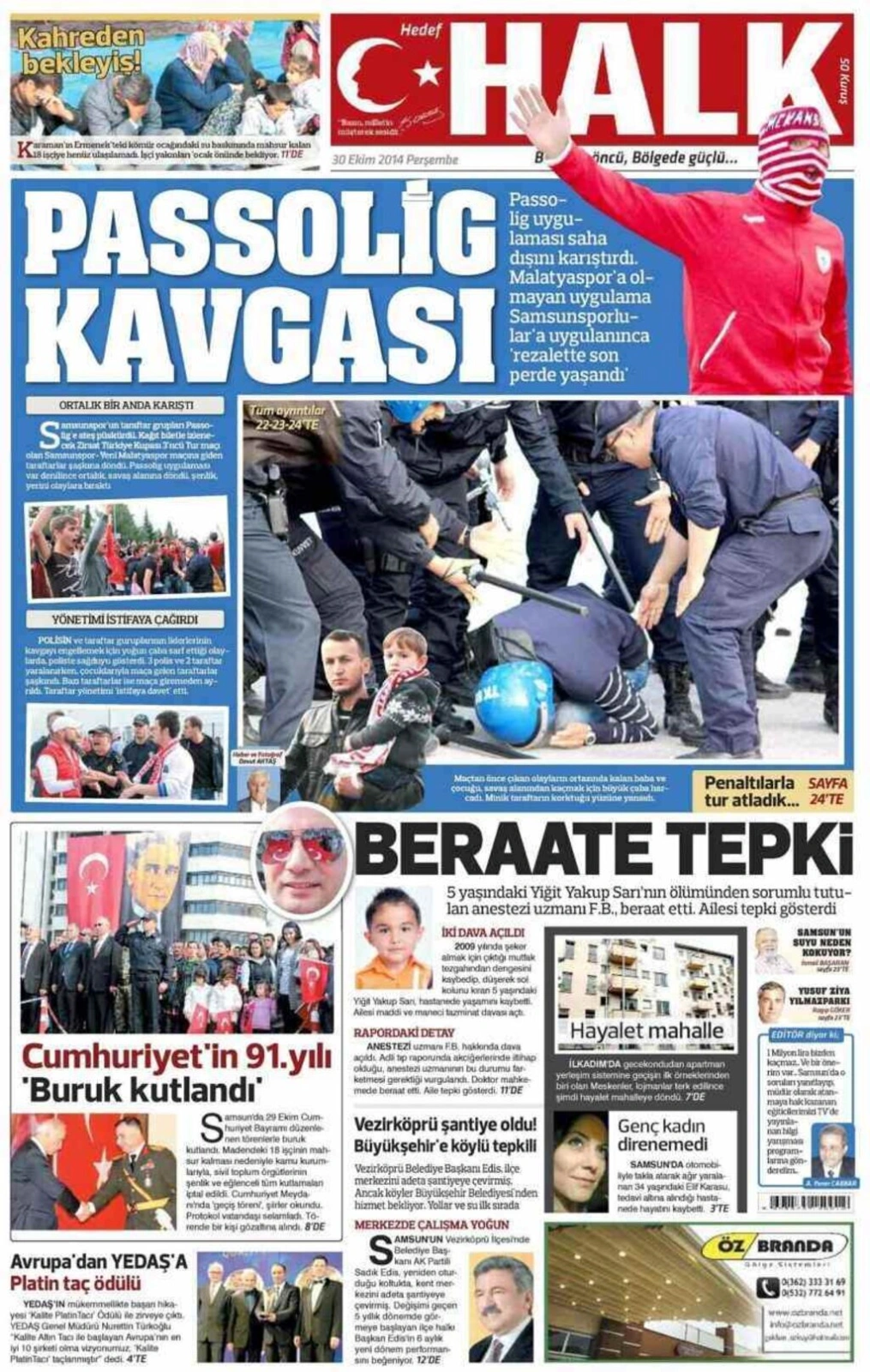 30 Ekim Perşembe Samsun'un Yerel Gazeteleri'nin birinci sayfaları - ARENA - DENGE - EKİP - HABER - HALK - GERÇEK - OLAY