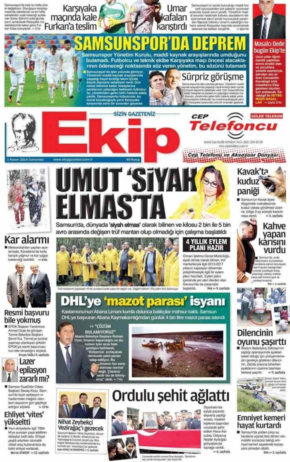 1 Kasım Cumartesi Samsun'da yayın yapan yerel gazetelerinin birinci sayfaları