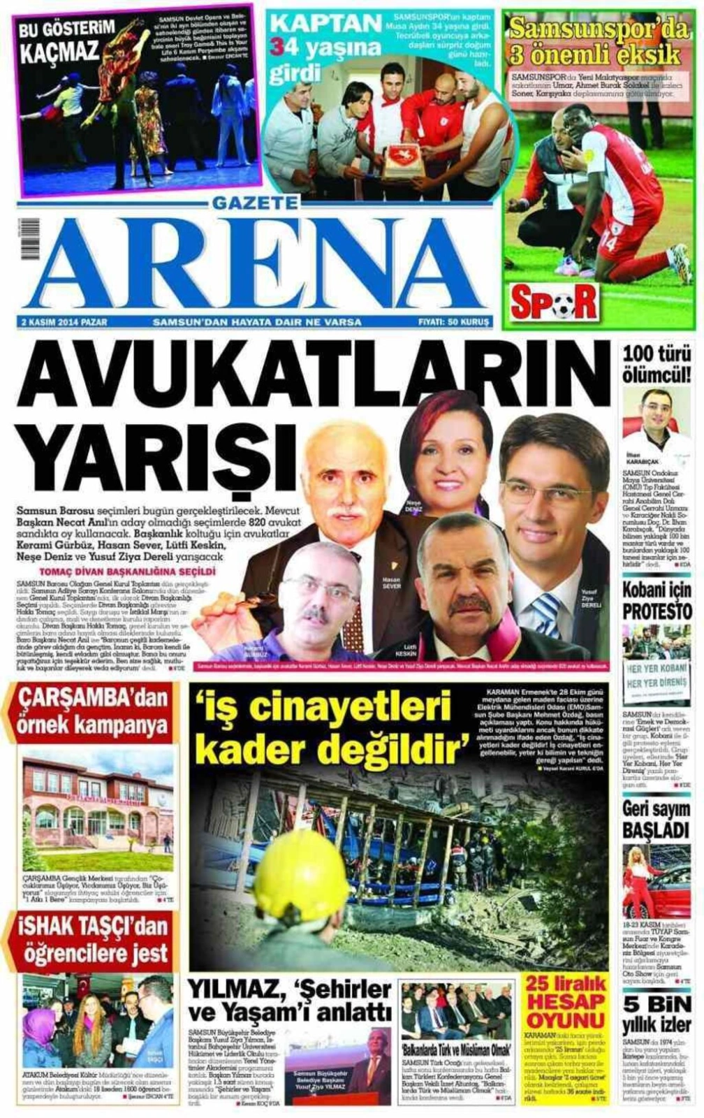 2 Kasım 2014 Pazar Samsun'un yerel gazetelerinin birinci sayfaları