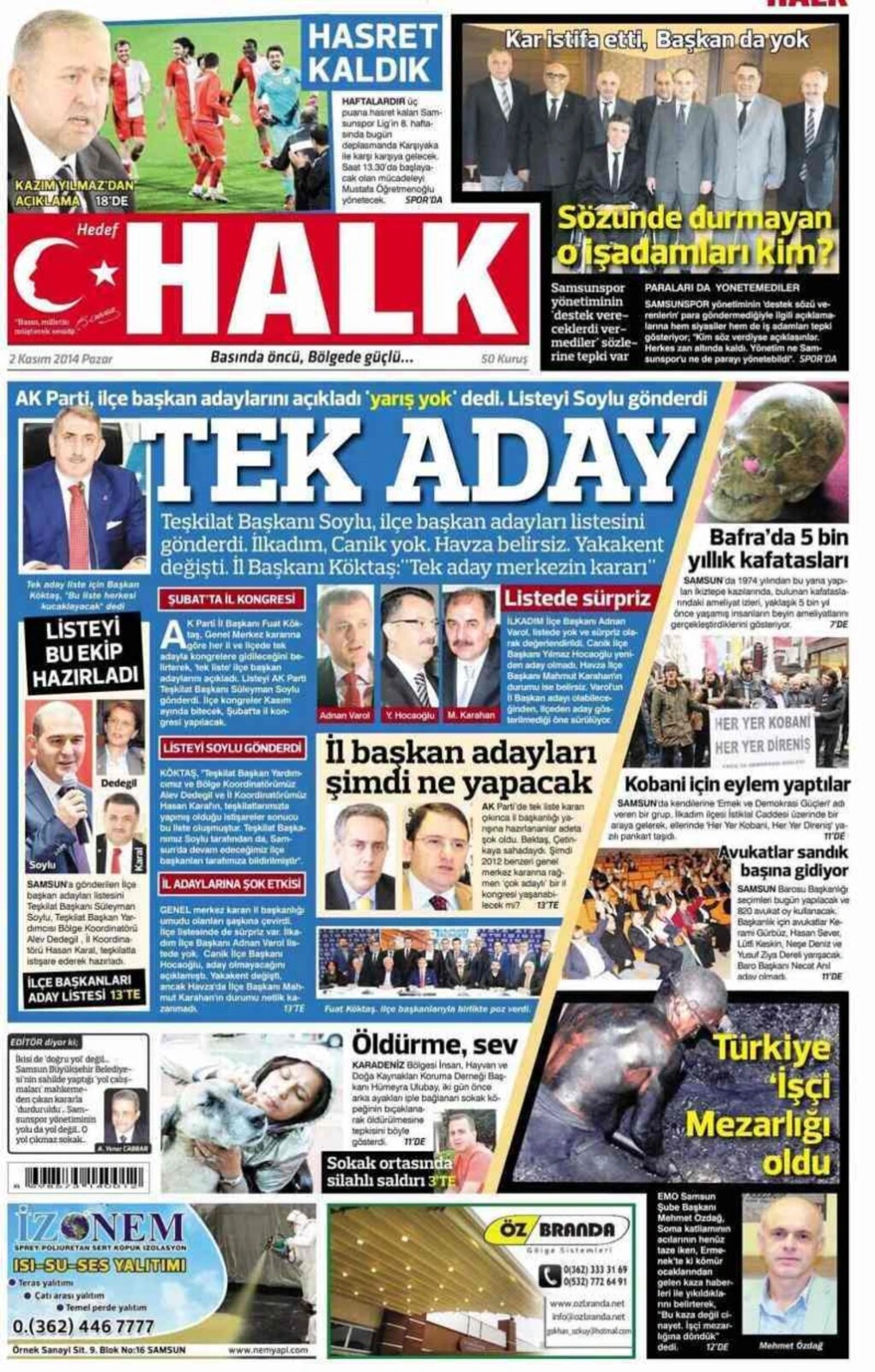 2 Kasım 2014 Pazar Samsun'un yerel gazetelerinin birinci sayfaları