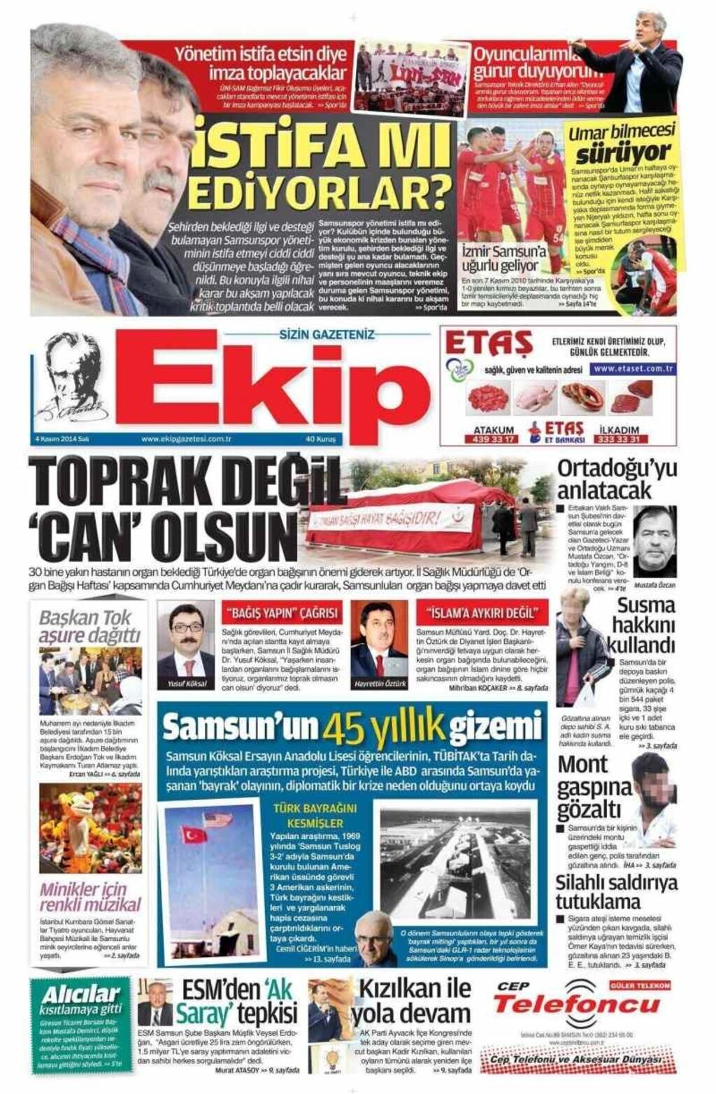 4 Kasım 2014 Samsun'un Yerel Gazetelerinin birinci sayfaları