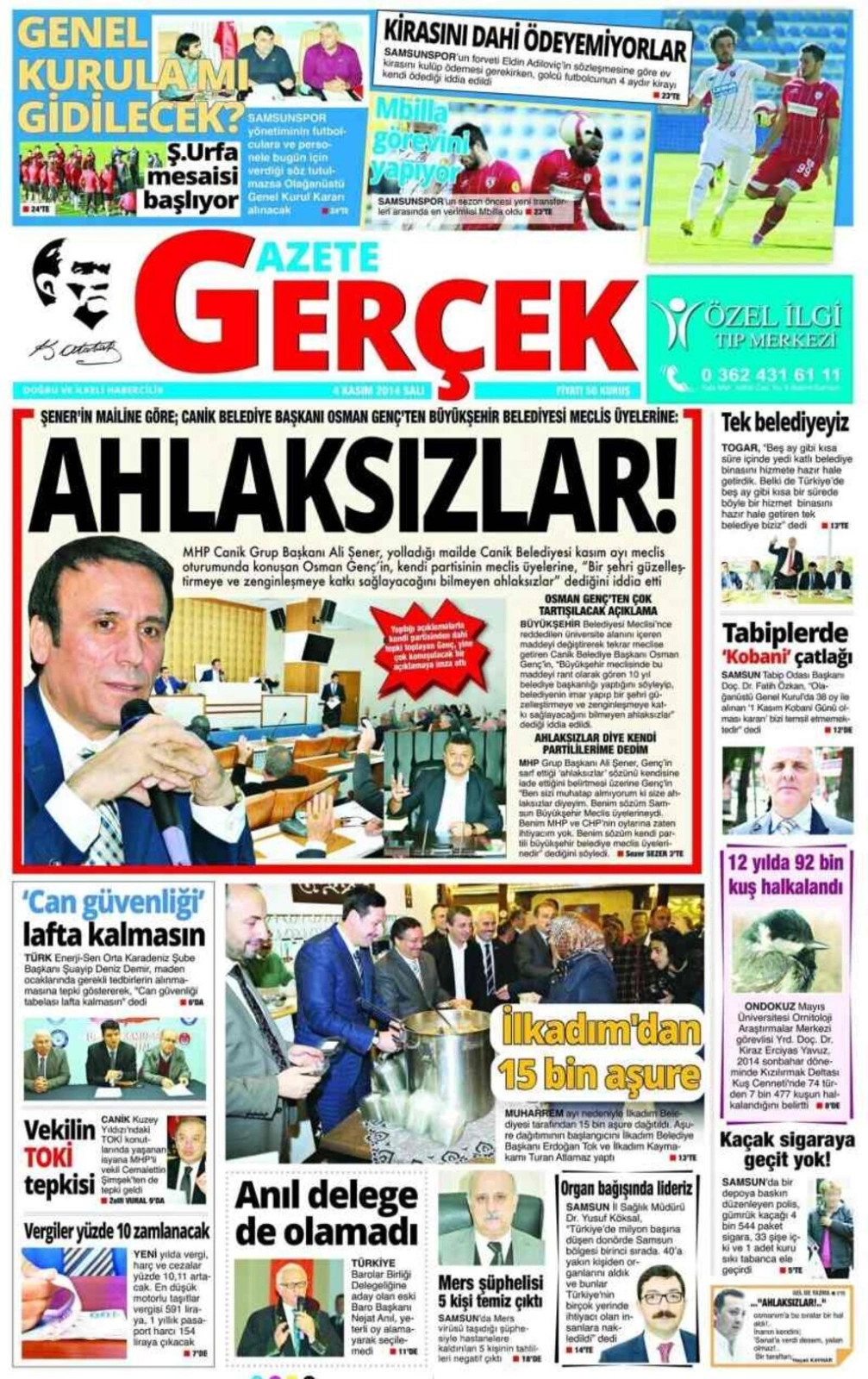 4 Kasım 2014 Samsun'un Yerel Gazetelerinin birinci sayfaları