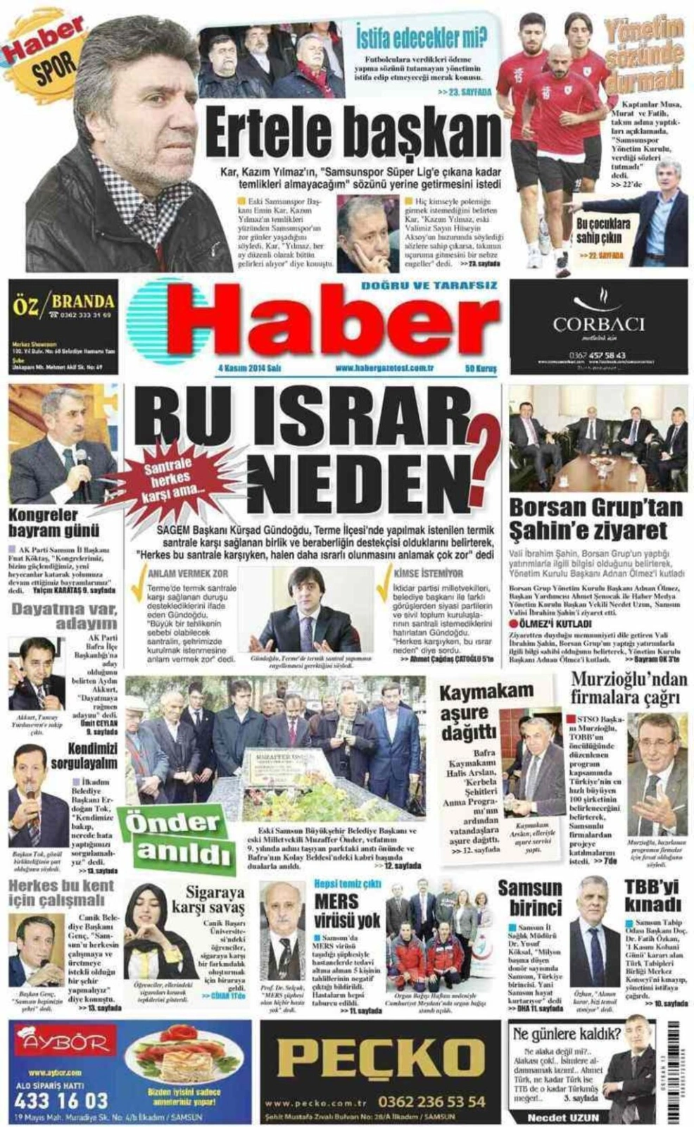 4 Kasım 2014 Samsun'un Yerel Gazetelerinin birinci sayfaları