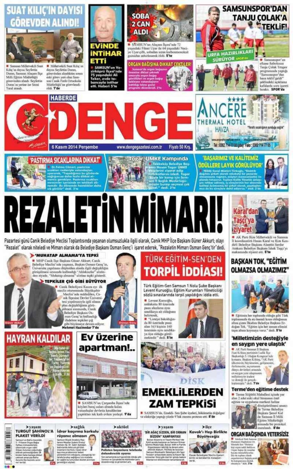 6 Kasım 2014 Samsun Yerel Gazeteleri'nin birinci sayfaları