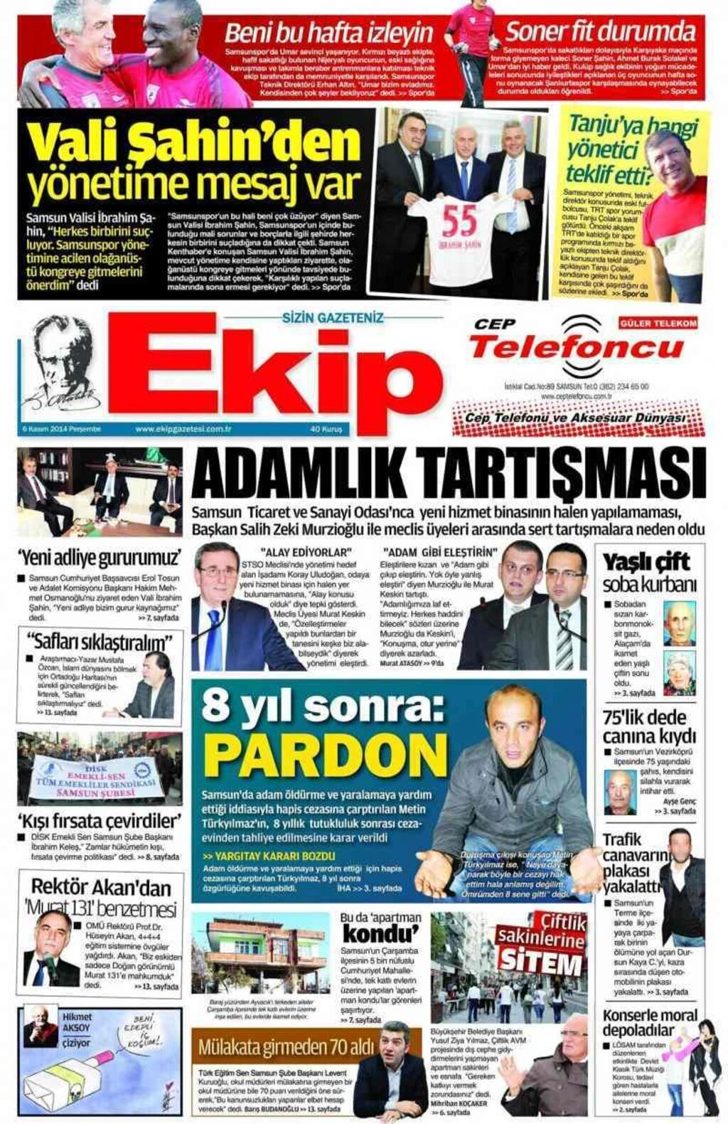 6 Kasım 2014 Samsun Yerel Gazeteleri'nin birinci sayfaları