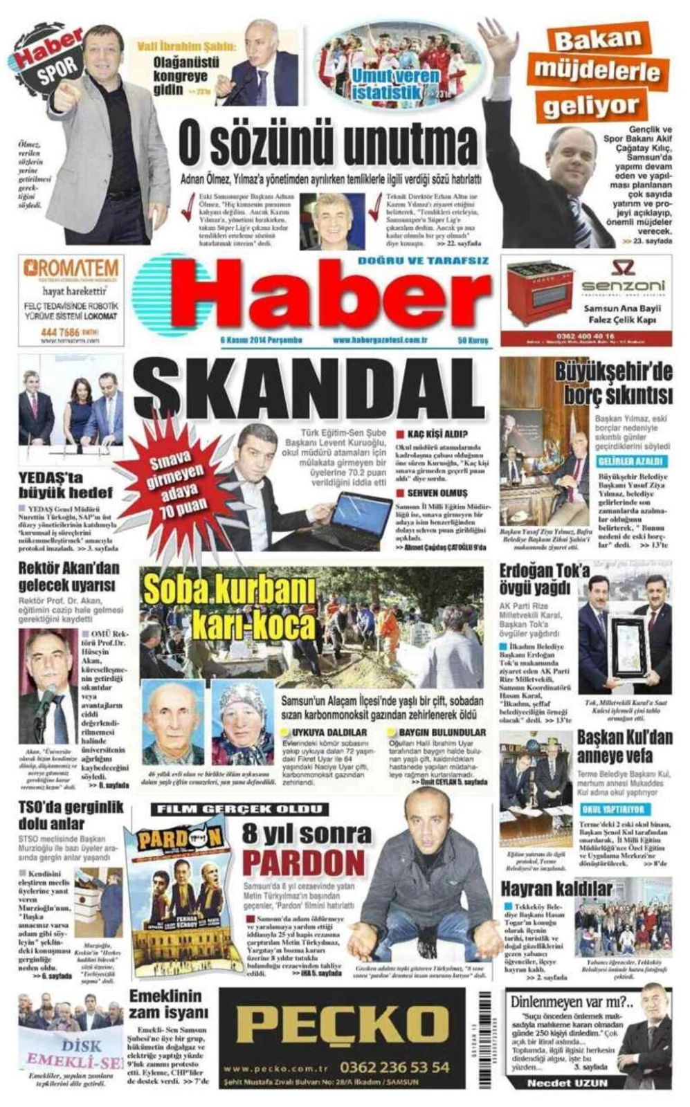 6 Kasım 2014 Samsun Yerel Gazeteleri'nin birinci sayfaları