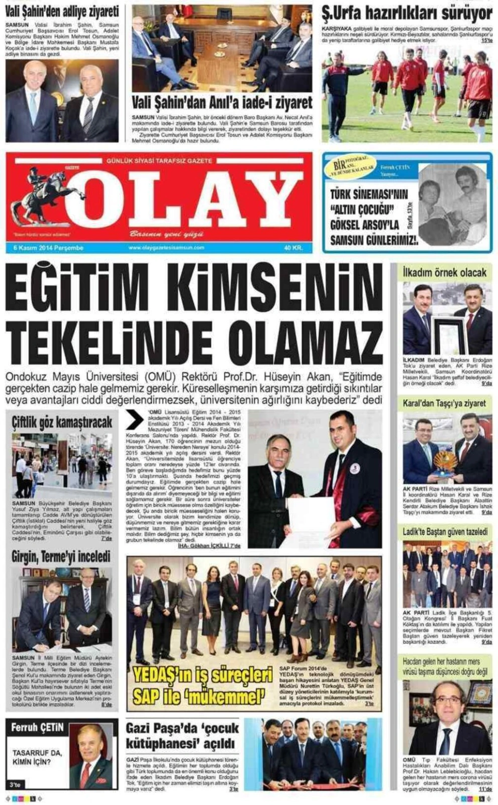 6 Kasım 2014 Samsun Yerel Gazeteleri'nin birinci sayfaları