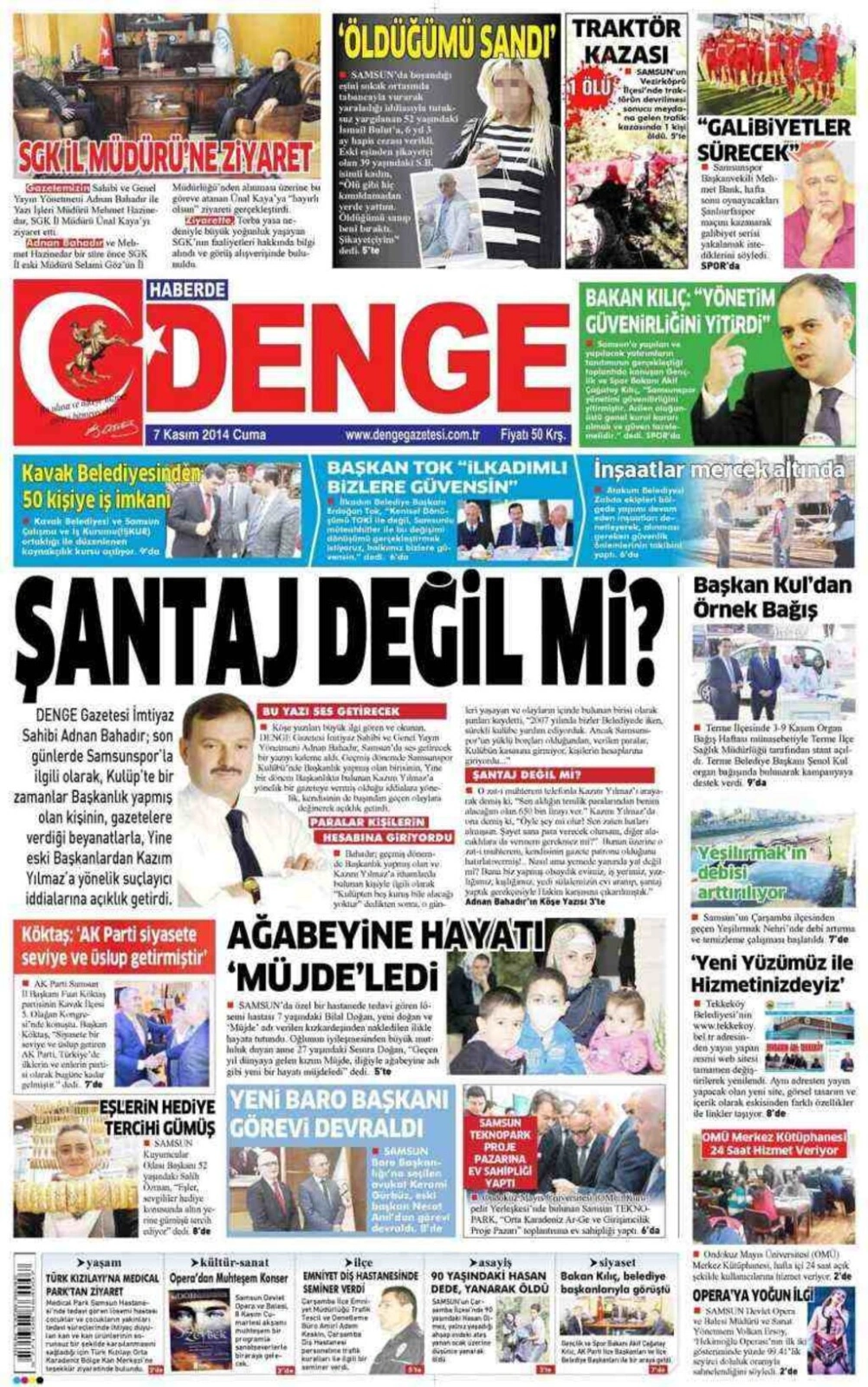 7 Kasım 2014 Samsun'un Yerel Gazetelerinin birinci sayfaları