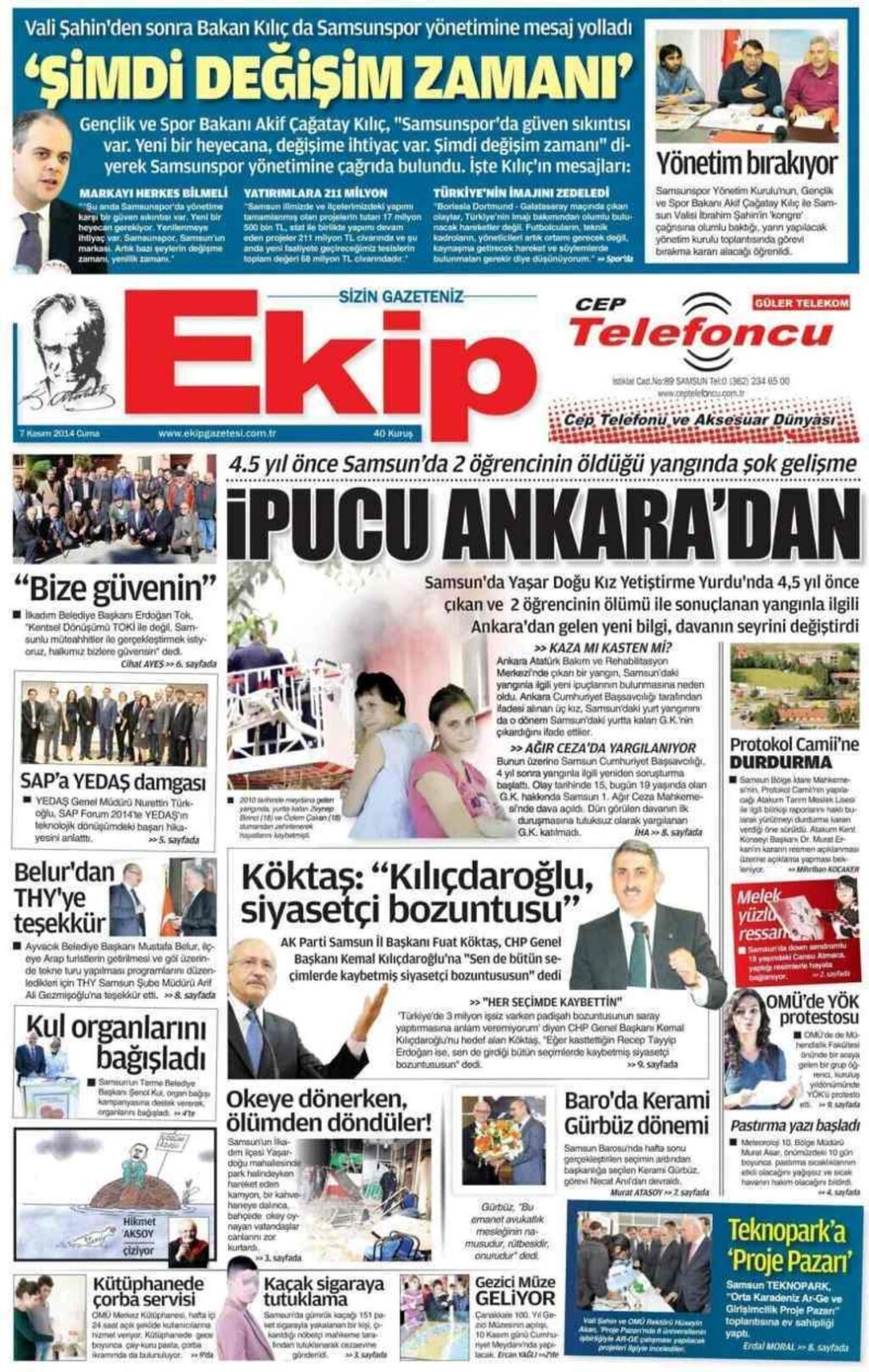 7 Kasım 2014 Samsun'un Yerel Gazetelerinin birinci sayfaları