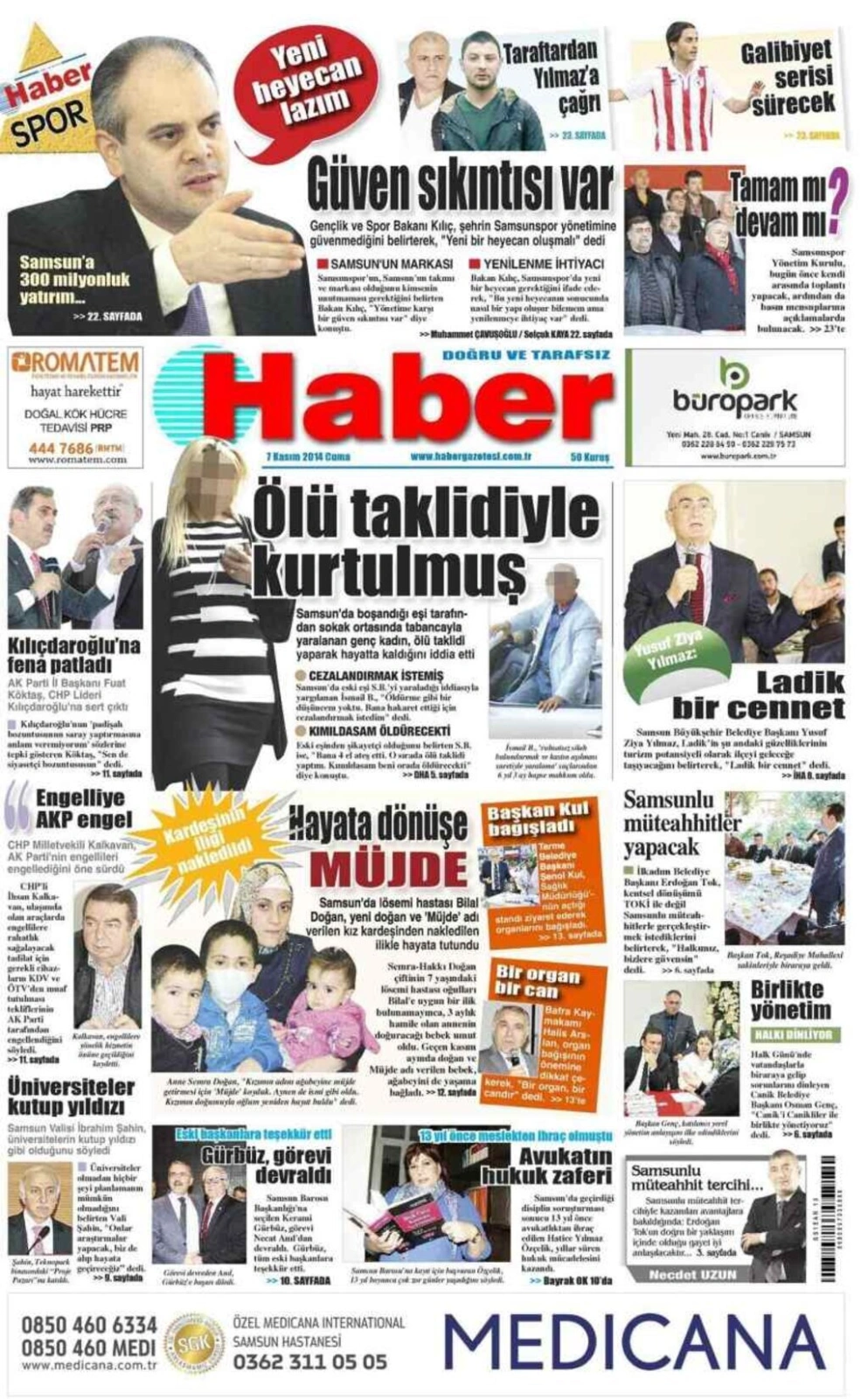 7 Kasım 2014 Samsun'un Yerel Gazetelerinin birinci sayfaları