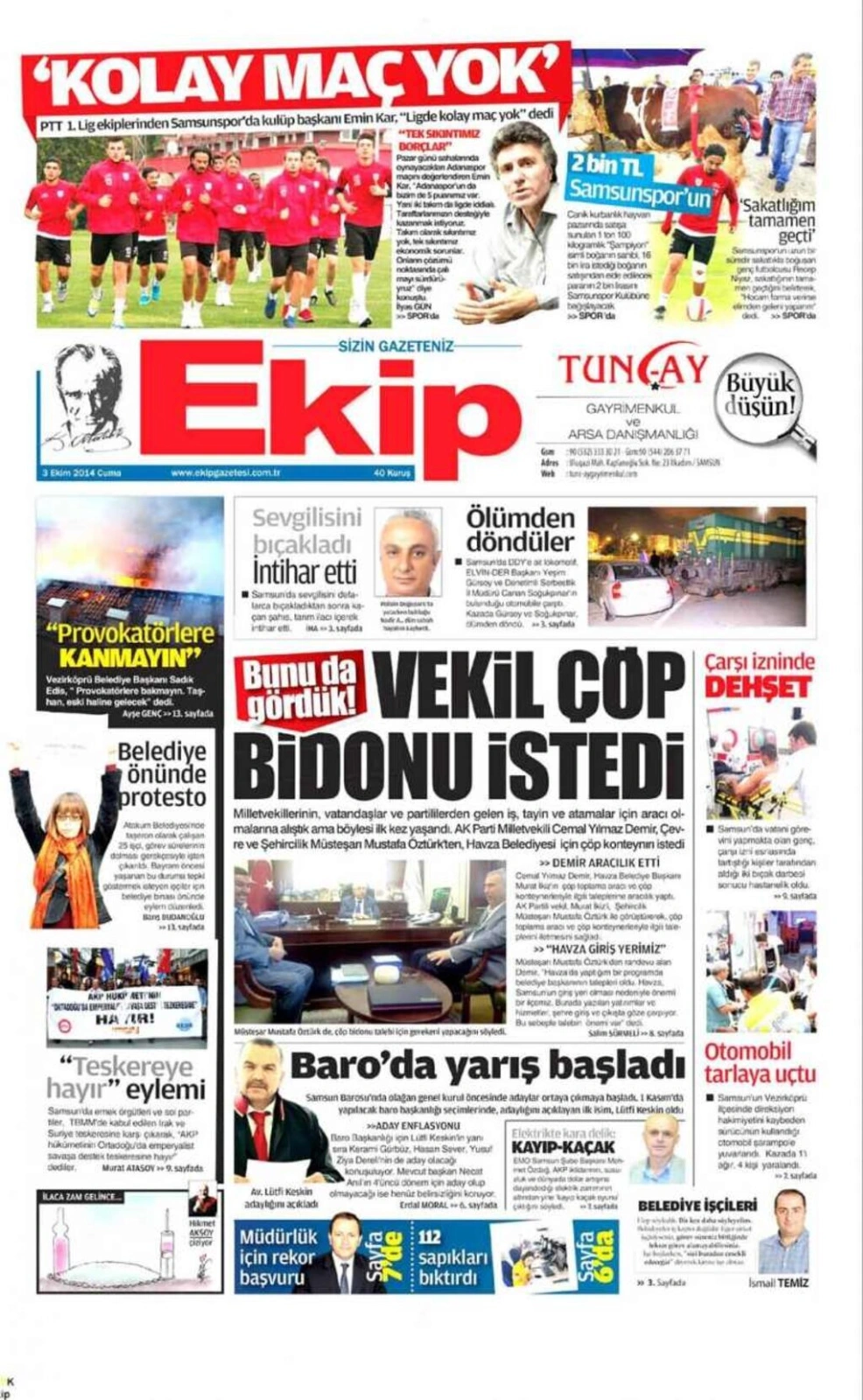 3 EKİM CUMA SAMSUN YEREL GAZETELERİ