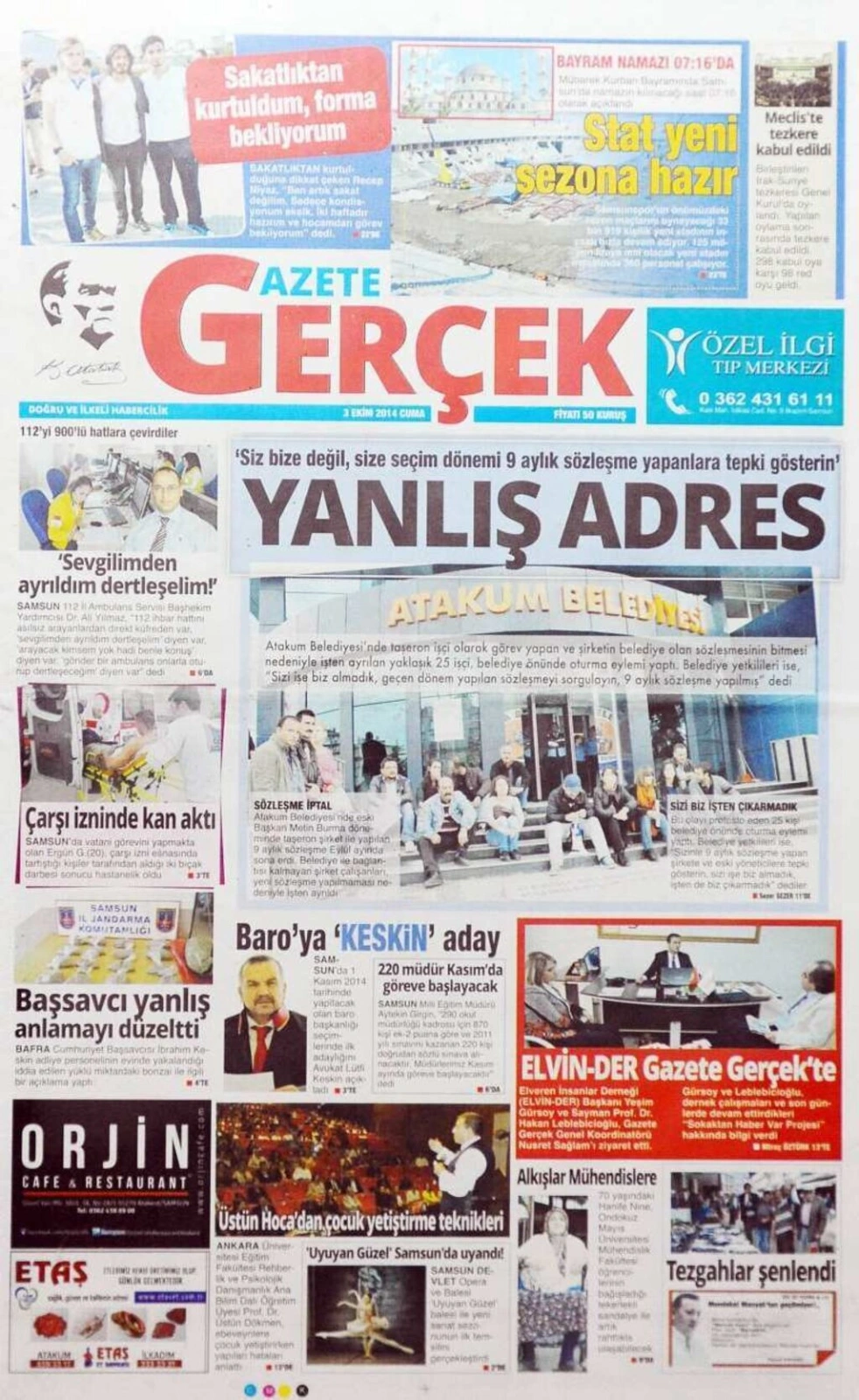 3 EKİM CUMA SAMSUN YEREL GAZETELERİ