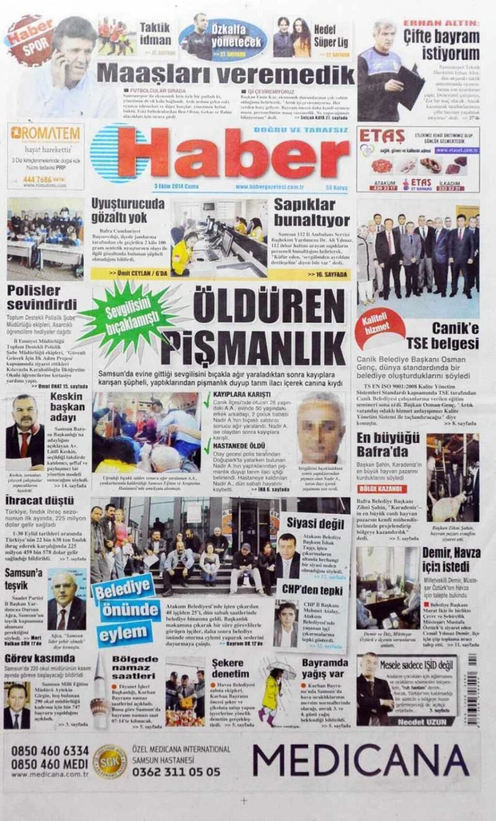 3 EKİM CUMA SAMSUN YEREL GAZETELERİ
