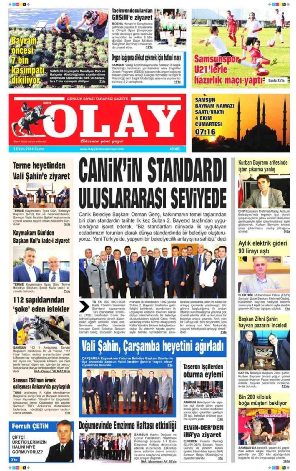 3 EKİM CUMA SAMSUN YEREL GAZETELERİ
