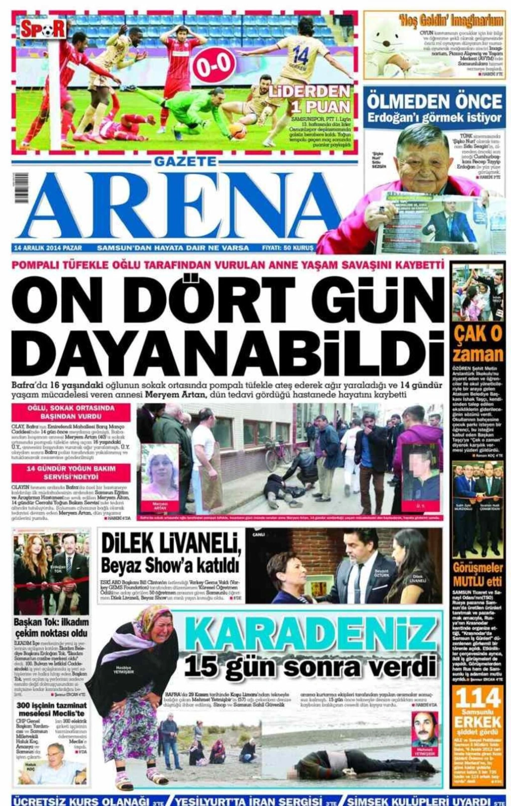 14 Aralık Pazar Yerel Gazetelerin birinci sayfaları