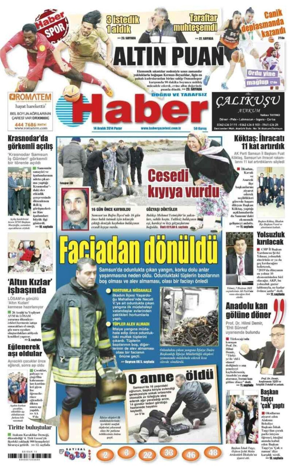 14 Aralık Pazar Yerel Gazetelerin birinci sayfaları