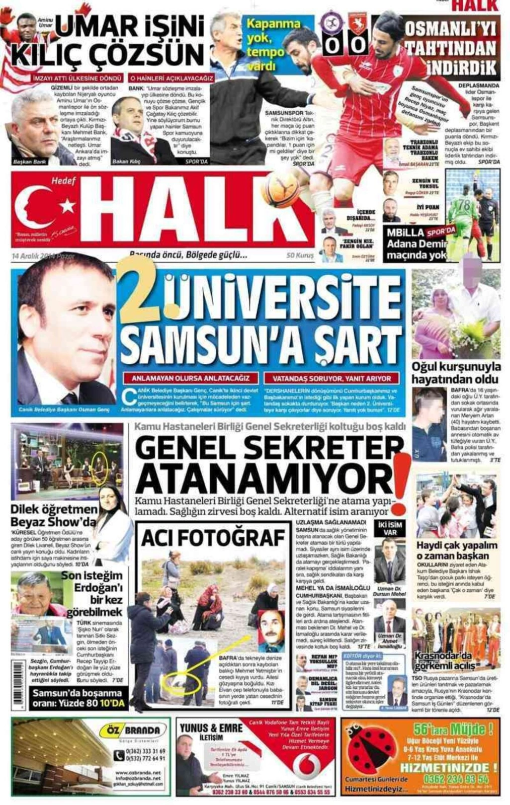 14 Aralık Pazar Yerel Gazetelerin birinci sayfaları