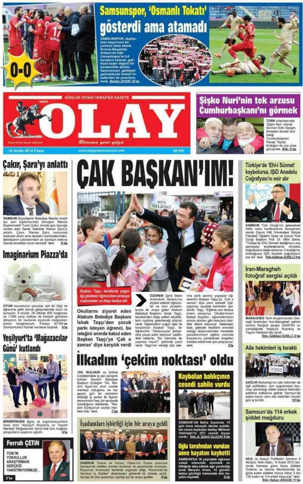 14 Aralık Pazar Yerel Gazetelerin birinci sayfaları