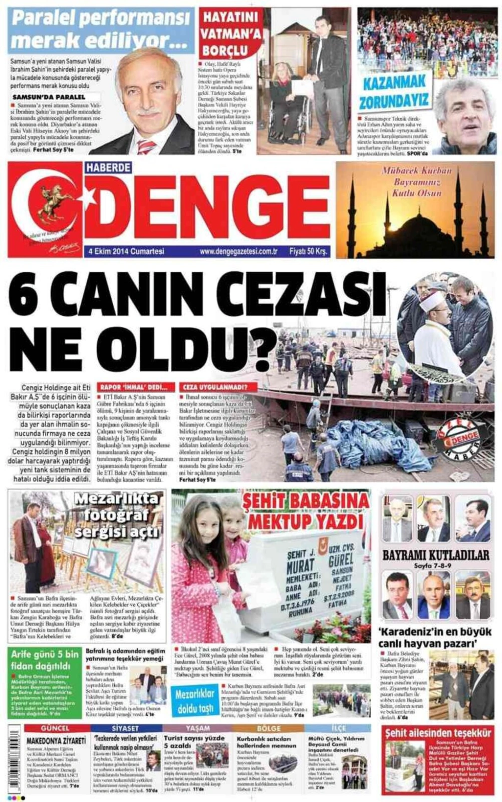 4 EKİM CUMARTESİ GÜNÜ SAMSUN YEREL GAZETELERİ 1. SAYFALARI