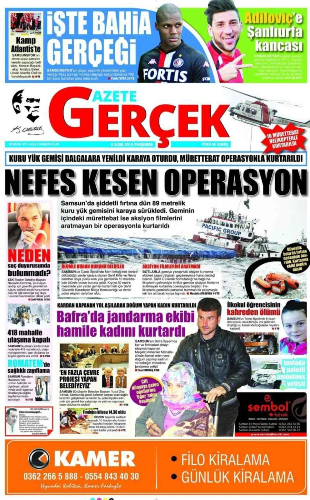 8 Ocak Perşembe Samsun'un yerel gazeteleri