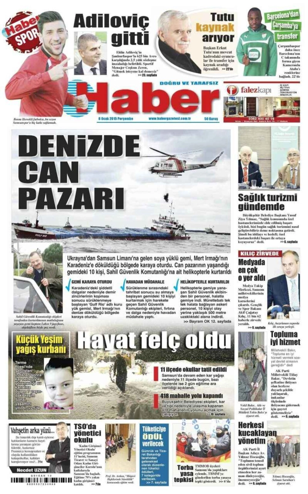 8 Ocak Perşembe Samsun'un yerel gazeteleri